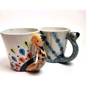 Hand Painted Guatemalan Ceramic Pavo Real Peacock Mug signed by artist